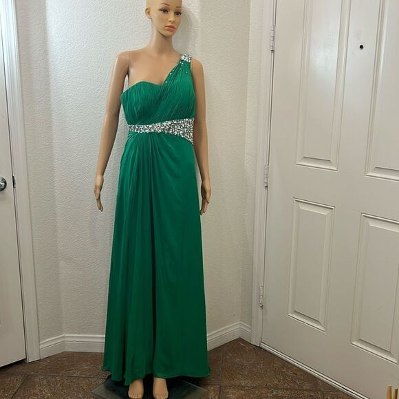 Juliet Medium One Shoulder Rhinestone Pleated Evening Prom Dress Emerald Green - Picture 1 of 8